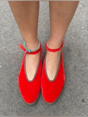 Viani Milano x‎ Lilly Sisto Red Velvet Mary Jane Ankle Strap Flats Shoes
